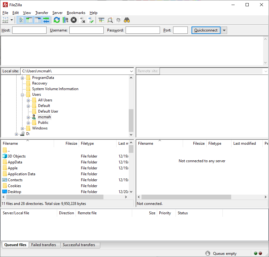 FileZilla initial screen