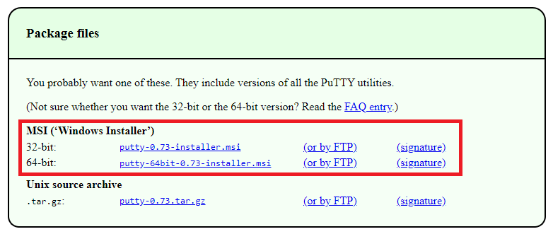 PuTTY .msi installer download links